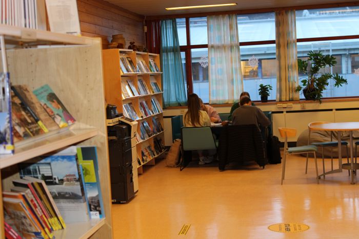 Elevar jobbar på skolebiblioteket